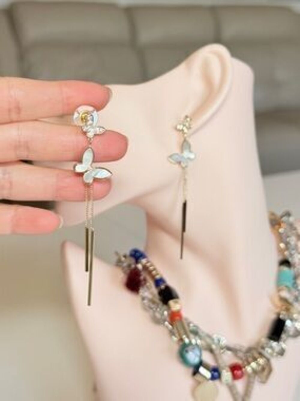 S925 Gold Butterfly Drop Earrings with Light Cream Inlay - Women Jewelry